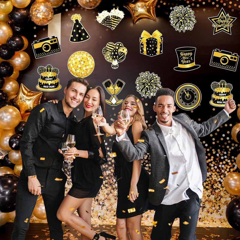 Machomby 48Pcs New Year Paper Cutouts, Black Gold New Years Eve Cut Outs Bulletin Board Decor for Home Office Classroom Chalkboard Window Wall Door New Years Eve Party Decorations 2026 - Image 4